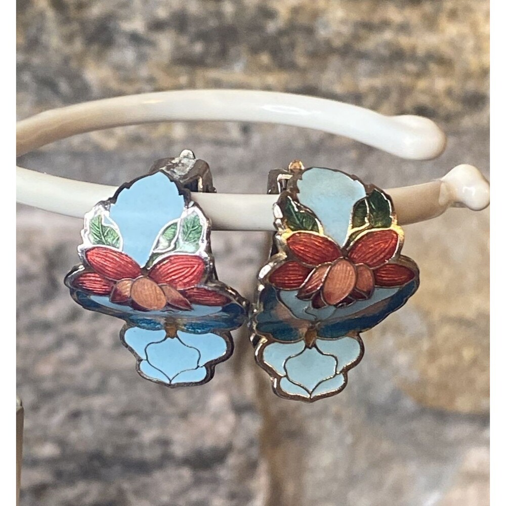 VTG Gold Tone Multi-color Cloisonne Style Butterfly and Flower Clip-on Earrings